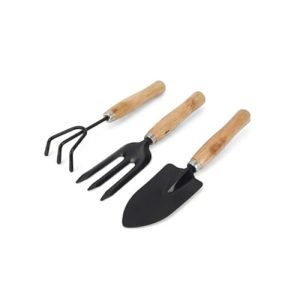 Gardening Tools Kit for Home Garden, 3 Pcs Garden Tool Set with Hand Cultivator, Garden Fork & Trowel | Carbon Steel Gardening Accessories with Wooden Handle for Balcony, Terrace & Indoor Gardening