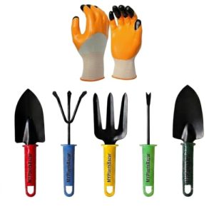 5 Pcs Gardening Tools Set with Garden Gloves | Hand Trowel, Transplanting Trowel, 3-Tine Cultivator, Hand Weeder & Garden Fork | Heavy Duty Garden Tool Kit for Home, Terrace & Balcony