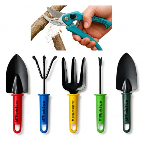 MYPlantsBazaar Premium 6-Piece Gardening Tool Kit - Heavy Duty, Rust-Resistant Steel Garden Hand Tools Set with Ergonomic Handles | Includes Pruner, Trowel, Rake, Fork & Weeder