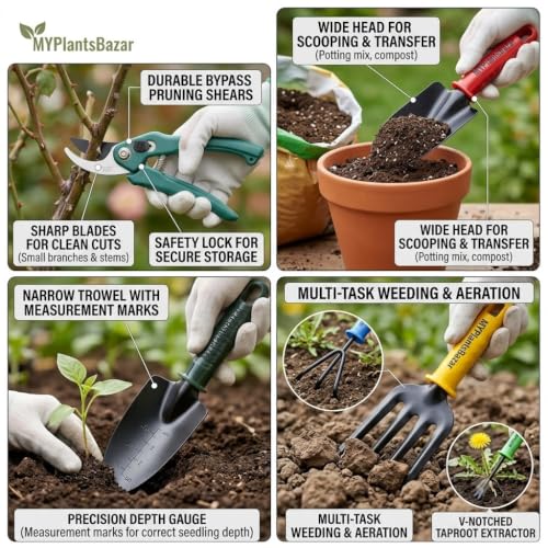 MYPlantsBazaar Premium 6-Piece Gardening Tool Kit - Heavy Duty, Rust-Resistant Steel Garden Hand Tools Set with Ergonomic Handles | Includes Pruner, Trowel, Rake, Fork & Weeder - Image 3