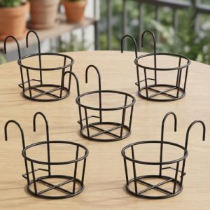 ecofynd 5 Pack Round Metal Hanging Flower Pot Stand For Railing planters, Gamla stand Pot Holder for Balcony decoration items outdoor, Plant stands for balcony, Flower pot stand indoor (Black, PS028)