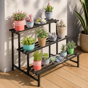 Mighty Home 3-Tier Metal Plant Stand, Black, Heavy Duty Iron Plant Holder for Balcony, Garden, Home Decor, Indoor & Outdoor Multi-Purpose Pot Rack, Space-Saving, Durable